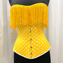 Load image into Gallery viewer, 1880s Victorian Corset size S in polka dot and fringe - SAMPLE SALE
