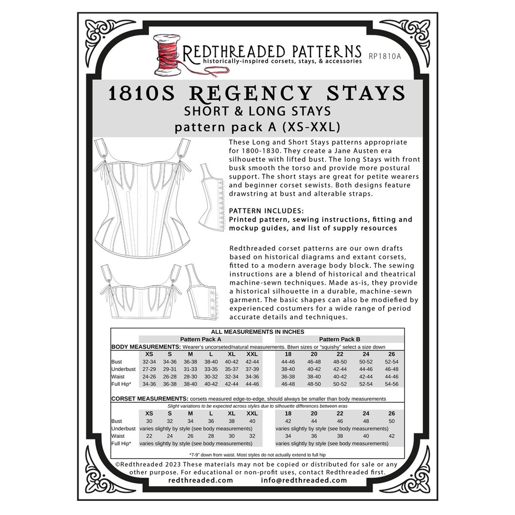 1810s Regency Stays Multi–Size Paper Pattern