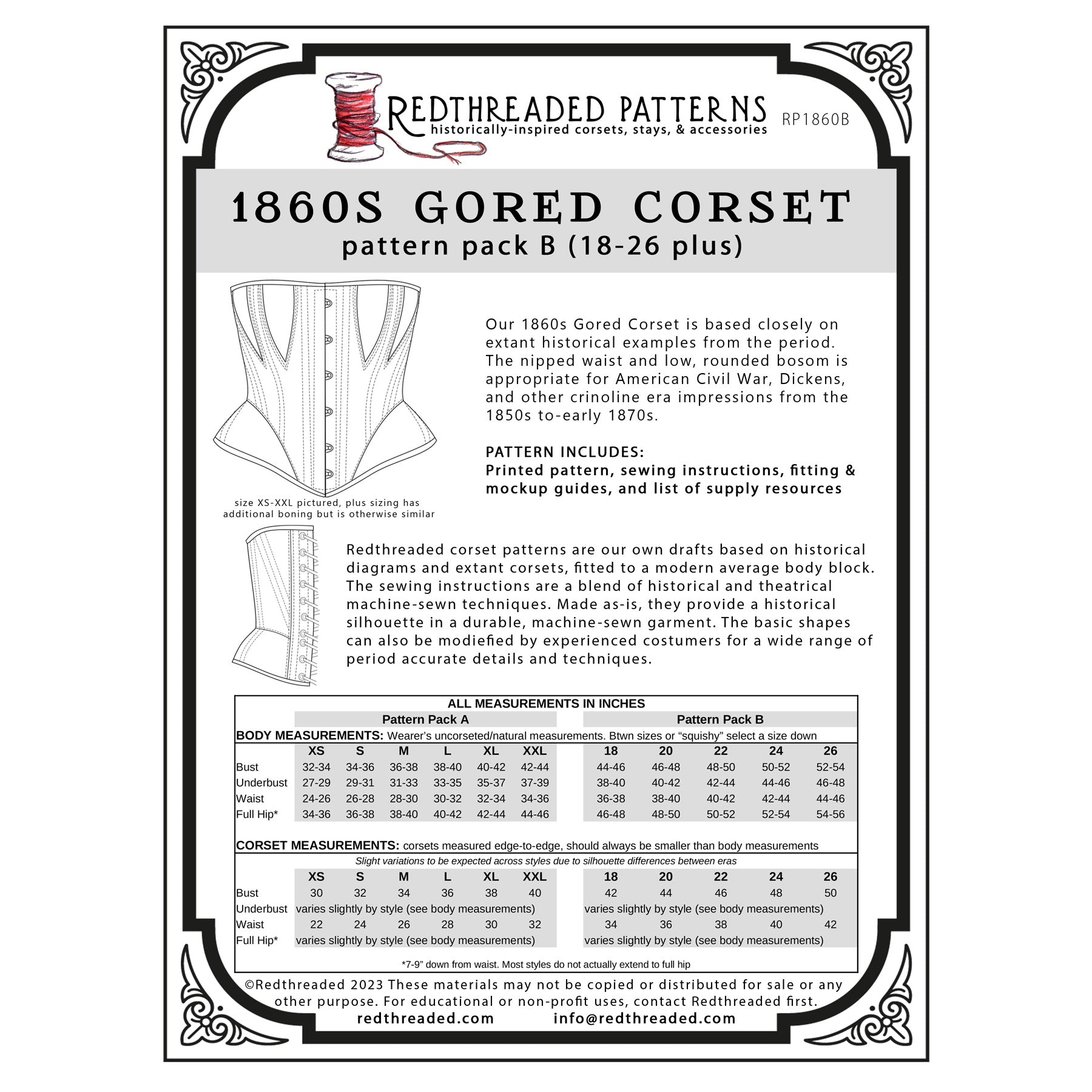 1860s Gored Corset Multi–Size Paper Pattern – Redthreaded
